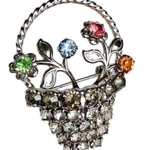 VTG Uranium Glass 1930s Silver Tone Flower Basket Brooch Prong Set Rhinestones